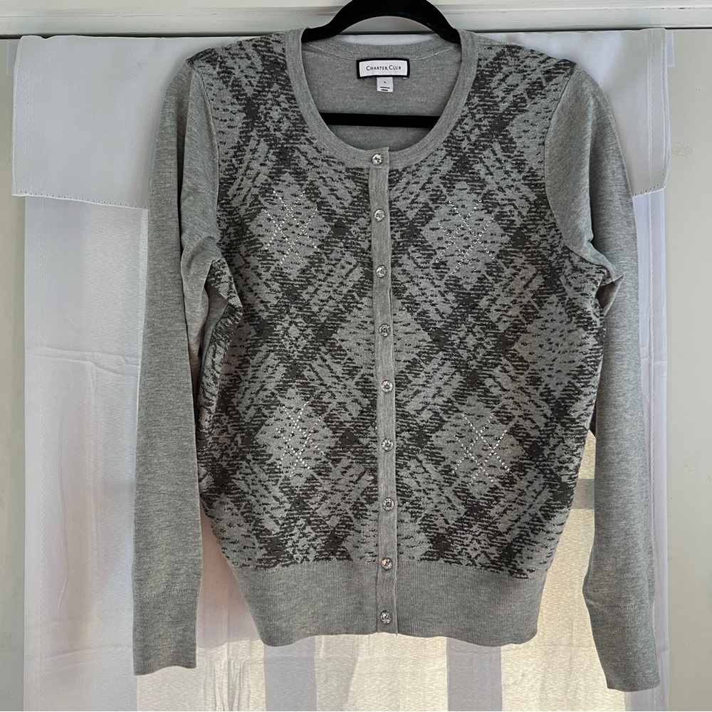 CHARTER CLUB Grey sweater Shiny Embellishments cardigan long sleeves Large EUC - Picture 2 of 10